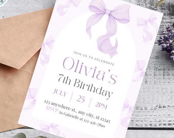 Editable Purple Bow Birthday Invitation – Coquette Bow Invite Canva Template – Ribbon Girls Birthday Party Digital Invite Card