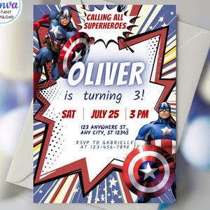 May include: Superhero-themed birthday invitation featuring Captain America. The invitation includes the text "Calling All Superheroes" and details for a party, including the name "Oliver", the date, time, and location.