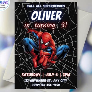 Modèle d'invitation d'anniversaire Spiderman - Invitations imprimables pour fête d'anniversaire Spiderman - Carte d'invitation modifiable pour fête de garçon, téléchargement instantané