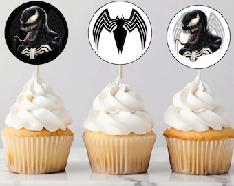 Venom-Cupcake-Topper – Druckbare Superhelden-Partydekorationen – Venom-Geburtstagstorten-Topper zum digitalen Download – Schwarzer Spiderman
