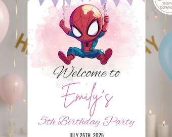 Editable Spiderman Girl Birthday Welcome Sign, Spider-man Girls Party Welcome Poster, Superhero Welcome Board Template Instant Download