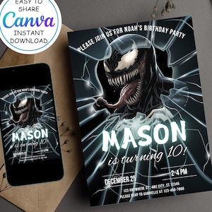 Venom Party Invitation Birthday Template Canva - Invito di compleanno modificabile del supereroe - Carta di invito alla festa stampabile Download immediato