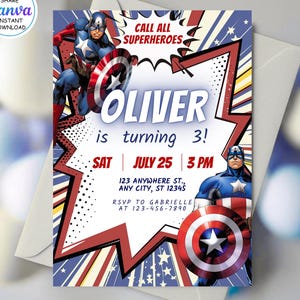 Modèle d'invitation d'anniversaire Captain America modifiable - Invitations d'anniversaire Avengers modifiables - Carte d'anniversaire de super-héros imprimable pour garçon
