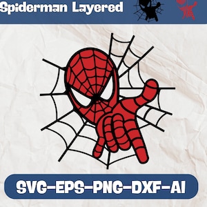 May include: A red and black layered design of Spiderman peeking out from behind a web. The design is perfect for creating layered crafts, such as vinyl decals, iron-on transfers, or paper crafts.