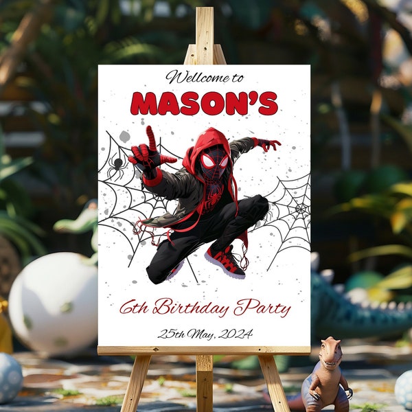 Editable Spiderman Welcome Sign Template - Printable Miles Morales Birthday Party Welcome Poster - Superhero Spider man Custom Sign