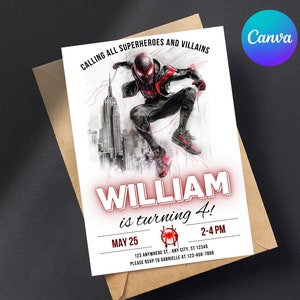 Modèle d'invitation d'anniversaire Spiderman Miles Morales - Invitation d'anniversaire Spiderman noire modifiable - Carte de fête de super-héros