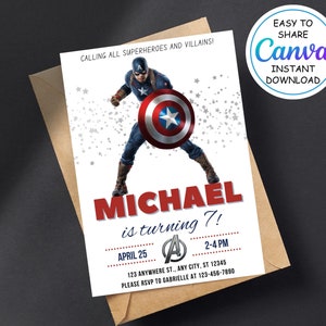 Modello modificabile per inviti di compleanno di Capitan America - Invito per festa di compleanno di Avengers - Download immediato della carta di invito per supereroi per bambini