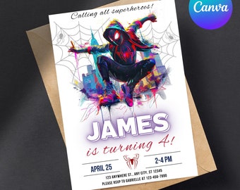Modèle d'invitation d'anniversaire Miles Morales - Invitation modifiable pour une fête d'anniversaire Spiderman noir - Modèle Canva pour une fête de super-héros pour garçon