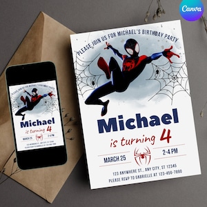 Modèle d'invitation d'anniversaire Miles Morales à télécharger instantanément - Invitation à une fête d'anniversaire Spiderman modifiable - Carte de fête pour garçon super-héros