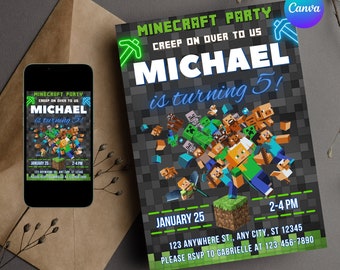 Minecrafter Birthday Invitations Template, Editable Minecrafter Birthday Party Invite Canva, Boy Gamer Invitation Digital Instant Download