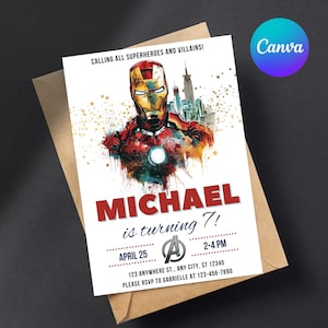 Plantilla de invitación de cumpleaños de Iron Man, descarga instantánea - Invitación imprimible para fiesta de cumpleaños de Iron Man - Tarjeta de invitación editable para fiesta de niño