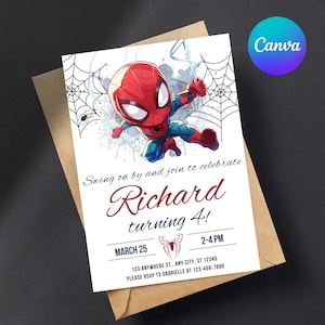 Bearbeitbare Spiderman-Geburtstagseinladungsvorlage - Ausdruckbare Spiderman-Geburtstagsparty-Einladung - Junge lädt Karte digitaler Sofort-Download ein