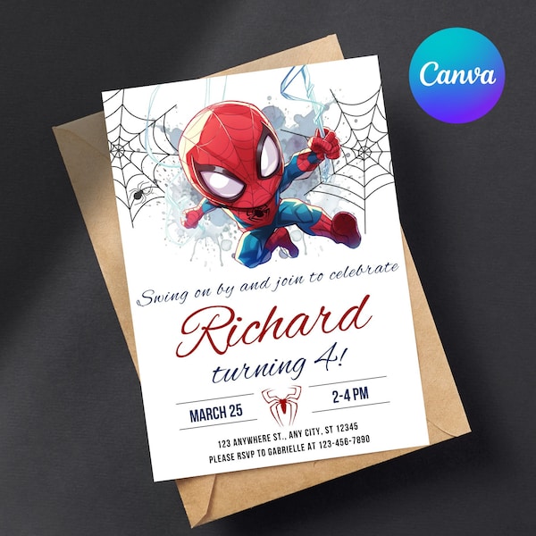 Editable Spiderman Birthday Invitation Template - Printable Spider-man Birthday Party Invite - Boy Invites Card Digital Instant Download