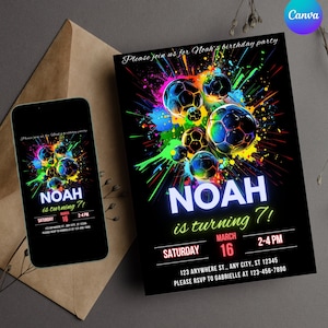 Modelo editável de convite de aniversário esportivo - convites esportivos neon para impressão - cartão de aniversário de futebol para festa de menino download instantâneo
