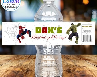 Etiqueta editable para botella de agua de Spiderman y Hulk - Decoración personalizada para fiestas de cumpleaños - Etiqueta para recuerdos de fiesta de superhéroes - Plantilla imprimible de Canva