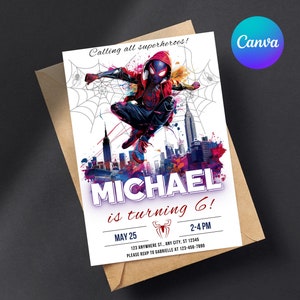 Modèle d’invitation d’anniversaire modifiable Miles Morales - Invitations à la fête d’anniversaire Spiderman - Modèle Canva de carte de fête de super-héros