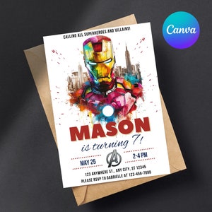 Modèle d'invitation d'anniversaire Iron Man modifiable - Invitation d'anniversaire Ironman imprimable - Carte d'invitation d'anniversaire de super-héros pour garçon