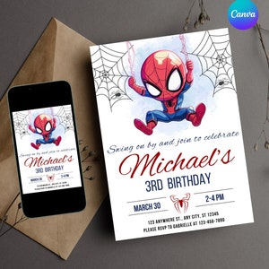 Spiderman-Geburtstagseinladungsvorlage - Bearbeitbare Geburtstagseinladung für Kinder - Superhelden-Einladungen digital - Spiderman-Vorlagenkarte