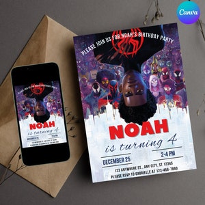 Modèle d'invitation d'anniversaire Miles Morales à télécharger instantanément, invitation d'anniversaire Spiderman imprimable, carte d'invitation Spiderman modifiable