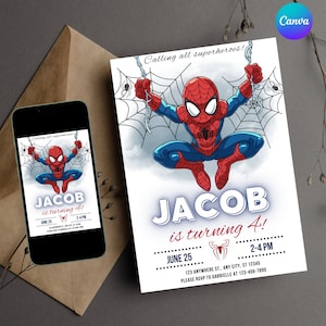 Modèle d'invitation d'anniversaire Spiderman modifiable à télécharger instantanément - Invitation imprimable pour fête d'anniversaire Spiderman - Invitations sur le thème des super-héros
