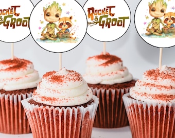 Groot- und Rocket-Raccoon-Cupcake-Topper – Druckbare Superhelden-Partydekorationen – Digitale Groot- und Rocket-Kuchenaufsätze – Sofort-Download