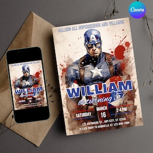 Modèle d’invitation d’anniversaire Captain America Téléchargement instantané, invitation imprimable à la fête d’anniversaire Avengers, carte d’invitation de super-héros modifiable