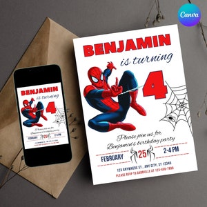 Modèle d'invitation d'anniversaire Spiderman modifiable à télécharger instantanément - Invitations d'anniversaire Spiderman - Carte d'invitation numérique pour garçons