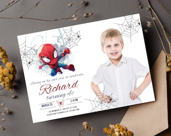Spiderman Invitation with Picture Template Instant Download - Printable Spider-man Birthday Party Invite - Editable Boy Party Invite Card