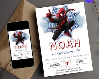 Puede incluir: Una invitación de cumpleaños con una imagen de dibujos animados de Spider-Man con un traje rojo y negro, con el texto "NOAH cumple 4!" y detalles de la fiesta, incluyendo la fecha, la hora y la ubicación.