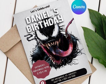 Editable Venom Birthday Invitation Template, Printable Birthday Party Invitation, Editable With Canva, Instant Download Card