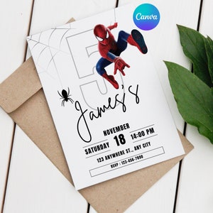 Modelo de convite de aniversário do Homem-Aranha, convite de festa de aniversário para impressão de super-herói, editável com Canva, cartão de aniversário digital para meninos