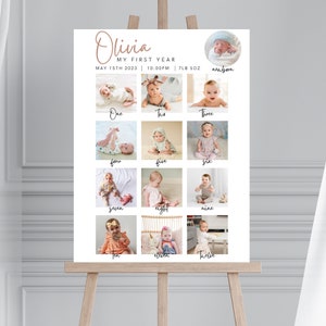 Modèle de signe d’anniversaire d’étape - Affiche modifiable de la première année du bébé - Tableau d’étape du 1er anniversaire de bébé - Panneau de collage de photos imprimable