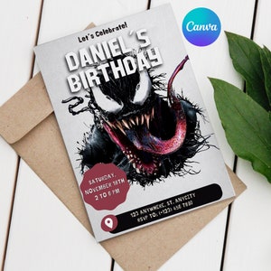 Bearbeitbare Venom Geburtstagseinladungsvorlage, druckbare Geburtstagseinladung, bearbeitbar mit Canva, Sofort-Download-Karte