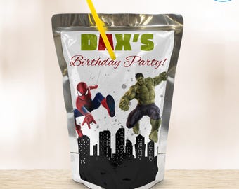 Plantilla de etiqueta para Capri Sun de Spiderman y Hulk para cumpleaños - Etiqueta editable para bolsa de jugo - Envoltorio imprimible de Capri Sun de superhéroes para fiesta de cumpleaños