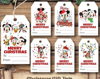 Étiquettes cadeaux de Noël Mickey Mouse – Étiquettes à imprimer pour les cadeaux d'enfants – Étiquettes cadeaux rétro – Téléchargement numérique instantané