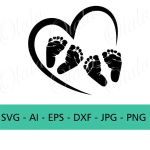 May include: Black and white silhouette of three baby footprints inside a heart shape.