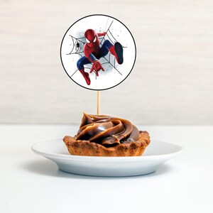 K&ouml;nnte beinhalten: Ein Cupcake mit braunem Frosting, gekr&ouml;nt von einem runden, wei&szlig;en Papier-Cupcake-Topper mit einem Cartoon-Bild von Spiderman, der an einem Spinnennetz schwingt.