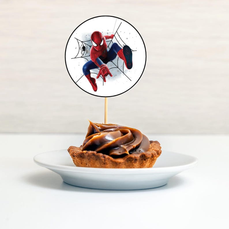 K&ouml;nnte beinhalten: Ein Cupcake mit braunem Frosting, gekr&ouml;nt von einem runden, wei&szlig;en Papier-Cupcake-Topper mit einem Cartoon-Bild von Spiderman, der an einem Spinnennetz schwingt.