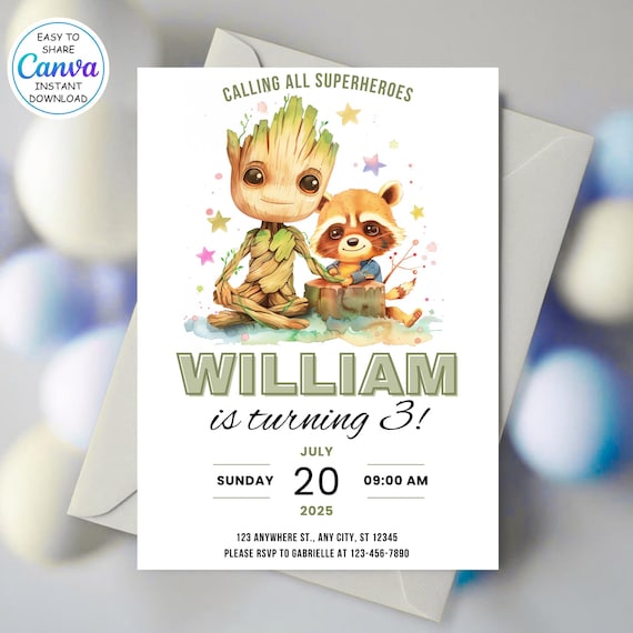 Cute Groot and Rocket Birthday Invitation Template Instant Download - Printable Superhero Birthday Party Invite - Editable Birthday Card