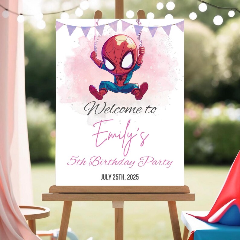 May include: A birthday party welcome sign for Emily, featuring a cartoon Spider-Man. The sign reads "Welcome to Emily's 5th Birthday Party July 25th, 2025". The sign is displayed on a wooden easel, with a pink and white background.