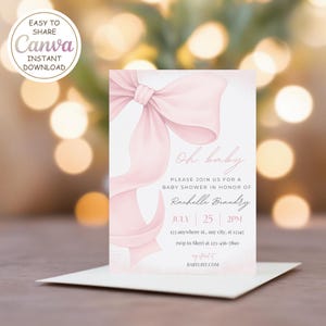 May include: A baby shower invitation with a large pink bow design. The invitation includes the text "Oh baby" and details for the event, including the honoree's name, date, time, and RSVP information. The Canva logo is in the upper left corner.