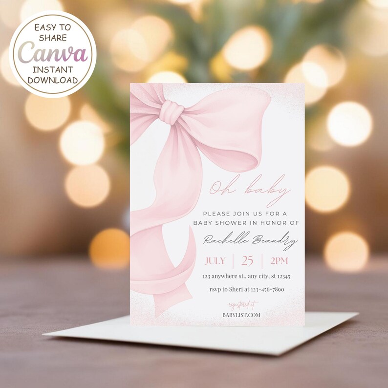 May include: A baby shower invitation with a large pink bow design. The invitation includes the text "Oh baby" and details for the event, including the honoree's name, date, time, and RSVP information. The Canva logo is in the upper left corner.