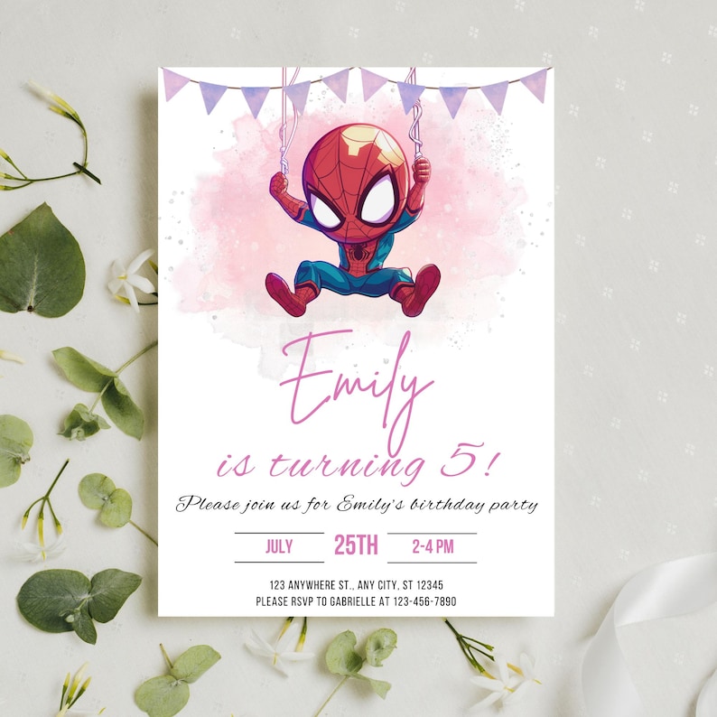 May include: A pink and purple birthday invitation with a cartoon image of Spiderman swinging from a string of purple and white flags. The text on the invitation reads "Emily is turning 5! Please join us for Emily's birthday party July 25th 2-4 PM 123 Anywhere St., Any City, ST 12345 Please RSVP to Gabrielle at 123-456-7890"
