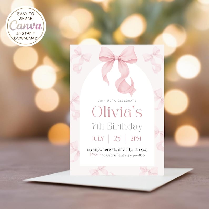 Editable Pink Bow Birthday Invitation – Pink Coquette Bow Invite Canva Template – Ribbon Girls Birthday Party Digital Invite Card Celebrate your little girl’s special day in style with this Editable Pink Bow Birthday Invitation! Featuring a charming pink bow design, this invitation is perfect for hosting an elegant and fun celebration. irls’ Birthday Parties
	•	Pink-Themed Celebrations
	•	Tea Party Invitations