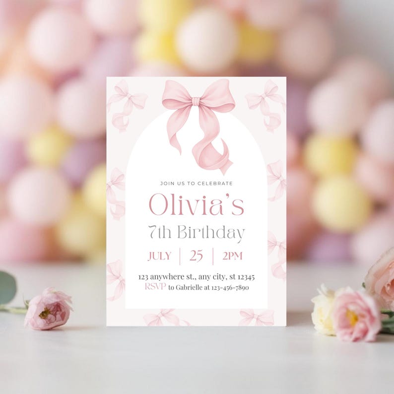 May include: A light pink birthday invitation with a large bow at the top and smaller bows scattered around the edges. The invitation reads "Olivia's 7th Birthday" with the date and time. The RSVP information is also included.