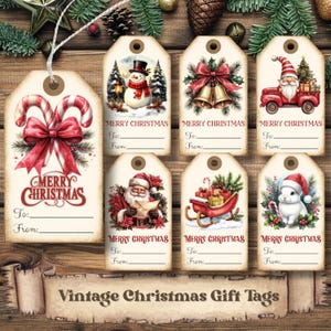 May include: A collection of vintage-style Christmas gift tags. Each tag features festive illustrations like candy canes, snowmen, Santa Claus, bells, and a bunny. The tags have space to write "To:" and "From:" and are labeled "Merry Christmas".