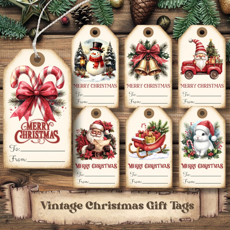 May include: A collection of vintage-style Christmas gift tags. Each tag features festive illustrations like candy canes, snowmen, Santa Claus, bells, and a bunny. The tags have space to write "To:" and "From:" and are labeled "Merry Christmas".