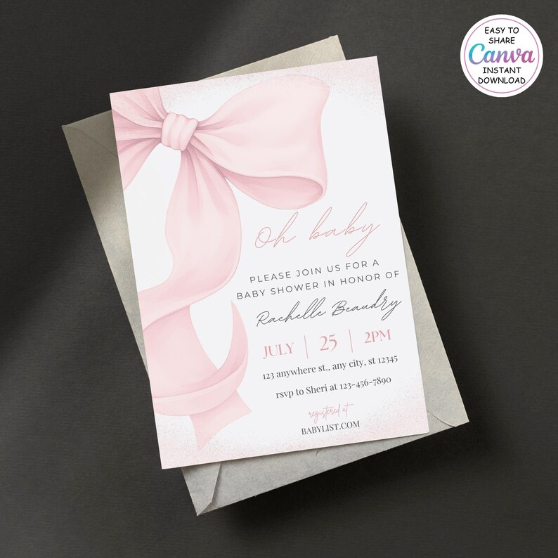 May include: A baby shower invitation featuring a large pink bow and the words "Oh baby." The invitation includes details for a baby shower in honor of Rachelle Brandry, with the date, time, and location. The invitation is on a white background with a light pink bow.