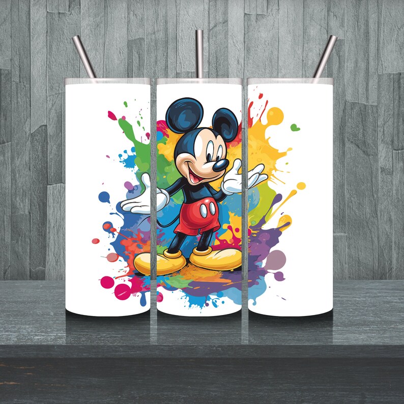 May include: Three white stainless steel tumblers with a colourful paint splatter design and a cartoon image of Mickey Mouse.