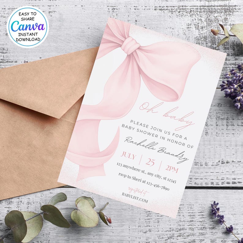 May include: A baby shower invitation with a large pink bow and the words "Oh baby." The invitation includes details for Rachelle Brandry's baby shower, including the date, time, and RSVP information. The invitation is on a white background.